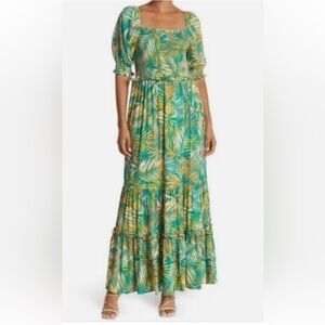 Betsey Johnson Palm Leaf Printed Maxi Dress Square Neck Puffed Sleeves Size S D8